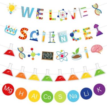 Imagem de Whaline 5 peças de banners de ciência volta às aulas We Love Science Grinalda Enfeites pendurados Ciência Química Laboratório Decoração de Festa Conjunto para Escola Sala de Aula Casa Cientista
