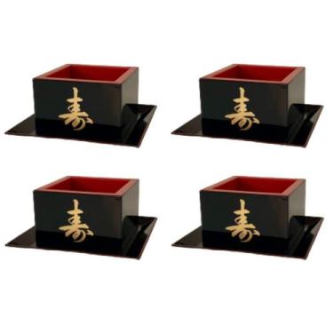 Imagem de Kit Jogo 4 Copos Sake Saque Massu Pequeno Ideograma Japonês 65ml Preto