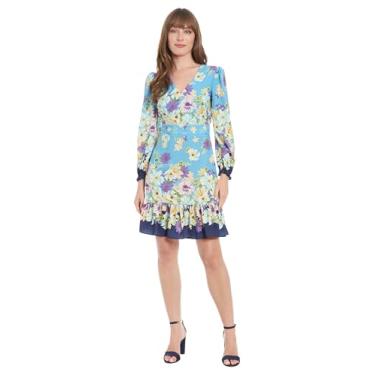 Imagem de London Times Vestido de festa feminino justo e flare manga bispo gola V babados bainha jardim, Azul/Jacinto, 44