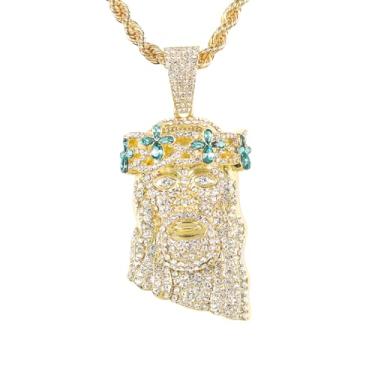 Imagem de ICE STAR Colar masculino com pingente de Jesus com coroa floral congelada com corrente de corda de 61 cm - Joias hip-hop com cristais simulados, 24-INCHES, Zinco, Zircônia cúbica