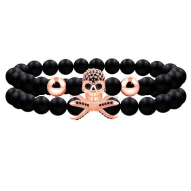 Imagem de Vivaday Pulseira masculina elástica de caveira 2 peças com 8 mm de obsidiana preta com contas de osso esqueleto de energia de cura para marido, namorado, presente de dia dos pais YA4723, Medium,