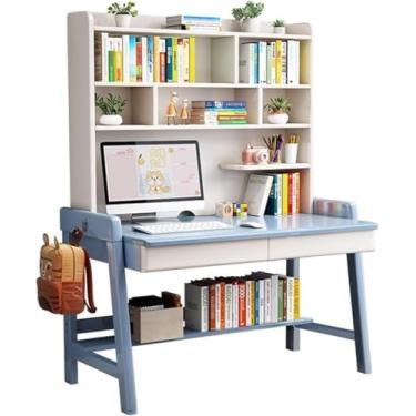 Imagem de Mesa de madeira maciça com estante integrada, ideal para escritório em casa ou quarto (cor: nogueira + cadeira A, tamanho: 120 x 60 x 186 cm), azul, 80 x 60 x 186 cm