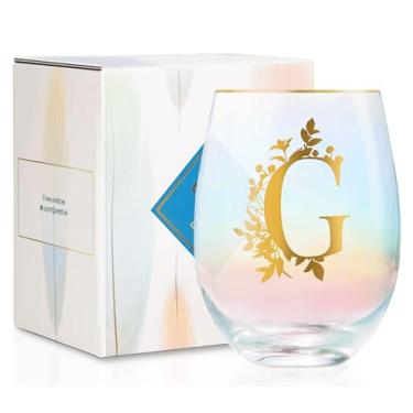 Imagem de Onebttl Presentes de vinho personalizados para mulheres, taça de vinho sem haste fofa com iniciais, presentes de monograma para amantes de vinho em aniversários de Natal, G