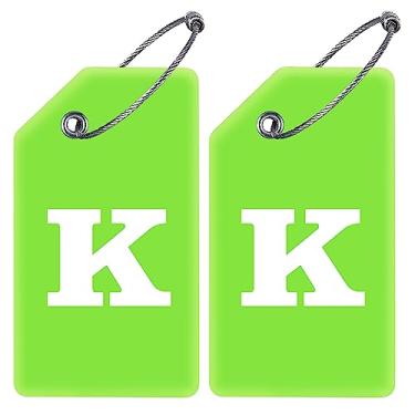 Imagem de Gostwo Pacote com 2 etiquetas de bagagem de silicone com inicial dobrável, verde claro, bolsa escolar, etiquetas de bolsa de viagem com laço de aço inoxidável (K)