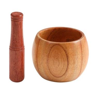 Imagem de Fenteer Tigela de moagem de especiarias, triturador de alho, almofariz e pilão de madeira, conjunto de moagem de especiarias para molho de especiarias molho, eu