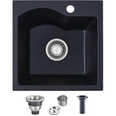 Imagem de MESIDA Pia de cozinha de granito de 40,6 cm, tigela única em preto (40 x 40 x 20 cm)