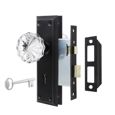Imagem de newliplace Conjunto de fechadura de encaixe para porta interna, maçanetas vintage estilo antigo com fechadura e chave de esqueleto, maçanetas de vidro de cristal em acabamento preto fosco