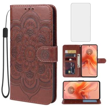 Imagem de Bohefo Capa para Moto G24/Moto G04/Moto E14/Moto G04S XT2423-1 Capa carteira com protetor de tela de vidro temperado, capa de telefone de couro mandala flip suporte para cartão de crédito para