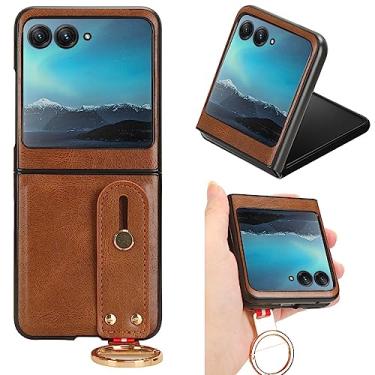 Imagem de Ranyi Capa para Motorola Razr+ (2023), Motorola Razr 40 Ultra, capa traseira de couro flexível ultrafina com suporte de anel de metal para o pulso para Motorola Razr+ Plus/Razr 40 Ultra - marrom
