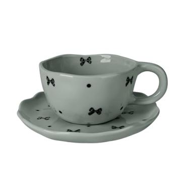 Imagem de Koythin Caneca de café de cerâmica com pires, canecas de flores feitas à mão, copo bonito para meninas e mulheres, xícara de chá de leite estética com alça, 250 ml para latte, cacau, escritório, casa