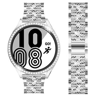 Imagem de SPINYE Pulseiras compatíveis com Samsung Galaxy Watch FE/5/4 de 40 mm, pulseira de metal com strass brilhante + capa protetora com protetor de tela de vidro temperado de substituição para mulheres e