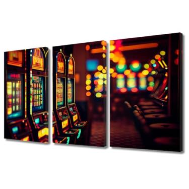 Imagem de TUMOVO Pintura de arte de parede de cassino de 3 painéis em tela máquinas de cassino à noite quarto arte de parede área de entretenimento moderna decoração de casa pólo norte decorações de casa para
