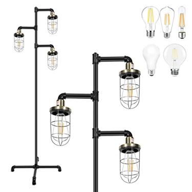 Imagem de CONCA Luminária De Chão Steampunk De Três Cabeças, Luminária De Chão Industrial Em Forma De Árvore, Lâmpada Edison Rústica, Luminária De Chão Com Abajur De Gaiola (Preto + Bronze Verde)