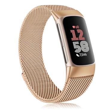 Imagem de Pulseira de metal compatível com Fitbit Charge 6 para mulheres e homens, pulseira de substituição magnética de malha de aço inoxidável para Fitbit Charge 6/Charge 5 Fitness Tracker (ouro rosa)