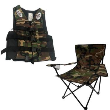 Imagem de Kit Cadeira Dobrável Pescador Até 150kg Camuflado + Colete - Têxtil Sa