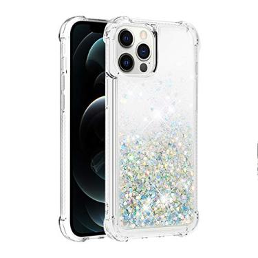 Imagem de Capa de telefone à prova de choque para iPhone 15 Pro com glitter líquido de areia movediça e corações flutuantes, capa de TPU de camada dupla reforçada com 4 cantos, protetor de telefone seguro