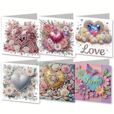 Imagem de MaiYiYi Pacote com 6 cartões DIY Love Diamond Art Valentines Cartões de felicitações amor flor diamante arte aniversário cartões comemorativos pintura diamante rosa cartões de felicitações para amigos