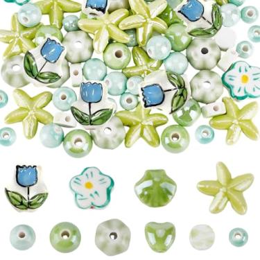 Imagem de DELORIGIN 78 peças de contas de flores de cerâmica, 10 estilos, contas de porcelana redondas verdes feitas à mão, flor, coração, redondo, cerâmico, concha, estrela-do-mar, espaçador, miçanga para