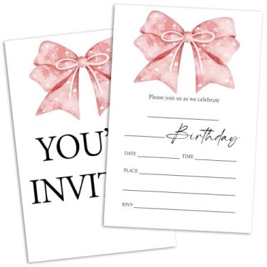 Imagem de RLCNOT Convites de aniversário de laço rosa, convites de festa de aniversário para meninas, adultos, adolescentes, senhoras, suprimentos para celebração de festa de aniversário, 20 convites de