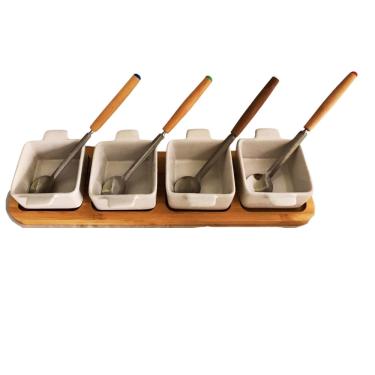 Imagem de Petisqueira Tabua de Madeira com 4 Potes p/Molhos/Colheres