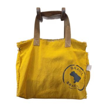 Imagem de Big bag brasil mostarda c/ forro listrado azul E branco