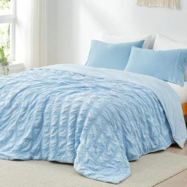 Imagem de Cozy Bliss Edredom refrescante tamanho casal Seersucker xadrez, Q-Max 0,4 reversível leve cobertor refrescante, respirável seda suave verão colcha para dormir quente suores noturnos azul