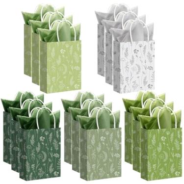 Imagem de Kolldenn 50 sacos de presente floral de 20 cm com papel de seda, lembrancinha de festa, agradecimento, sacos de presente de flores com alça para casamento, chás de panela, aniversários, chás de bebê