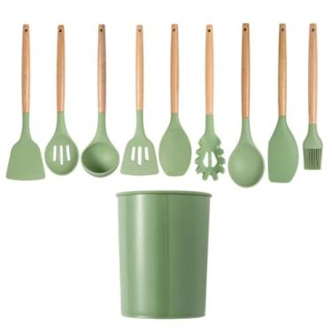 Imagem de SJHDUNBW Conjunto de utensílios de cozinha verde fruta conjunto de ferramentas silicone alto valor cabo de madeira espátula colher pinças adereços de cozinha, 10 peças
