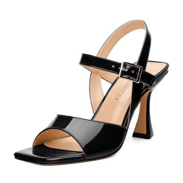 Imagem de RLYGHWAO Sandálias femininas de salto agulha - bico quadrado aberto, tira no tornozelo com fivela ajustável, versátil para trabalho/festa/casamento (cores lisas), Patente preta, 36