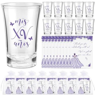 Imagem de Havawish Lembranças de festa de quinze anos para convidados Quinceanera Copos de tiro de acrílico transparente cartões de agradecimento com sacos de organza Mis Quince Anos Sweet 15 lembrancinhas de