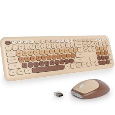 Imagem de Fogruaden Teclado e mouse sem fio marrom silencioso, 2,4 GHz, estilo máquina de escrever fofo, conjunto de teclado e mouse colorido, design fino, digitação de baixo ruído para casa, escritório