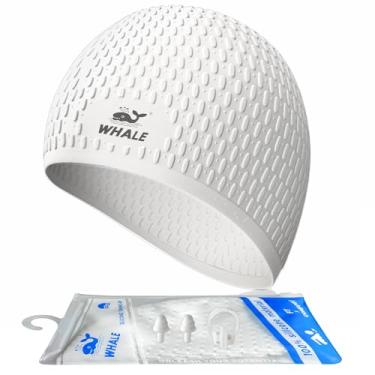 Imagem de Touca de natação grande durável de silicone à prova d'água, melhor para cabelos longos e tranças grossas, mantém o cabelo seco, touca de natação com tampões de ouvido, conjunto de clipe de nariz