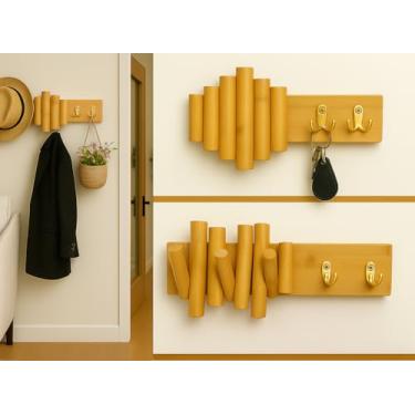 Imagem de BAMBOOVITA Cabide de bambu montado na parede com ganchos dobráveis e ganchos de metal dourado - Organizador de entrada de madeira natural rústica para chaves, chapéus, toalhas, bolsas - Cabide
