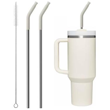 Imagem de Bluwing Canudo de metal com ponta de silicone para copo Stanley de 850 g, 2 peças de substituição de canudos de aço inoxidável para Stanley Copo de viagem Adventure Quencher de 850 g, 1 pincel de