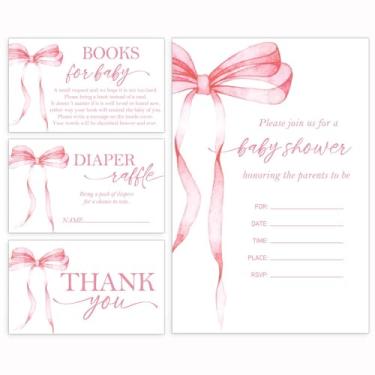 Imagem de LNOKRIM Cartão de agradecimento para chá de bebê, kits de convites de chá de bebê com laço rosa, bilhetes de sorteio de fraldas, cartões de convite com envelope, cartões de solicitação de livros