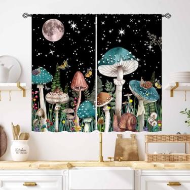 Imagem de Cortinas de cogumelo, flores florestais botânicas retrô, plantas, casa de fazenda, chalé rural, cortinas pretas, tratamentos para cozinha, quarto, sala de estar, banheiro, janela, 2 painéis, 139 x 99