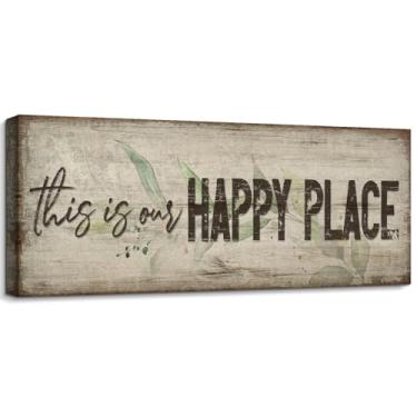 Imagem de pureluca Vintage This is Our Happy Place Signs Retro Quotes Plant Prints Art Country Family Decor Inspirational Canvas Plate for Living Room Kitchen Entryway Wall Hanging Decor 15.2 cm x 43.2 cm
