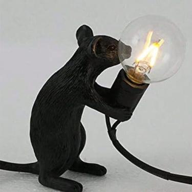 Imagem de KODBPJ Luminária De Mesa Led Resina Com Animal Rato, Arte Moderna E Fofa Para Presente Cabeceira Infantil, Lâmpada Operação Simples, Imagem Realista, Pequena Mini Figura Luz Noturna (Preta)