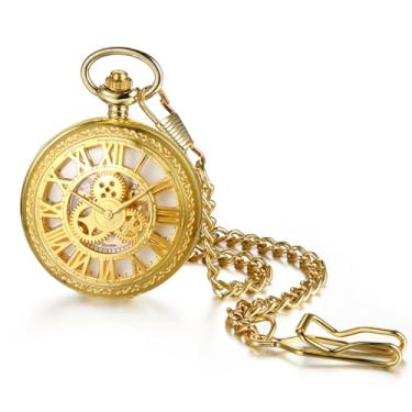 Imagem de JewelryWe Relógio de bolso mecânico dourado: Relógio de bolso mecânico de mão analógico retrô masculino e feminino esculpido em vidro, B, relógio de bolso mecânico