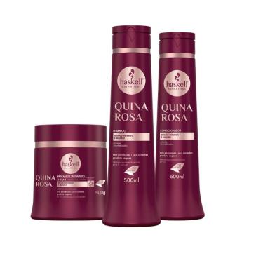 Imagem de Kit Shampoo Condicionador E Máscara Quina Rosa Brilho Intenso E Maciez Haskell 500ml