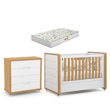 Imagem de Berço Americano com Capitonê New Boucle e Cômoda Gaveteiro Infantil Tutto New Freijó Branco Acetinado e Colchão Gazin - Matic