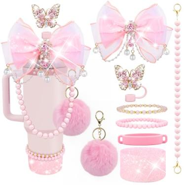 Imagem de LBU Acessórios de copo Bling Stanley para copo de 40 e 850 g, incluindo topo de palha de arco de diamante, tampa de palha de borboleta, pingentes de pulseiras Stanley, alça de alça de pérola, bota de