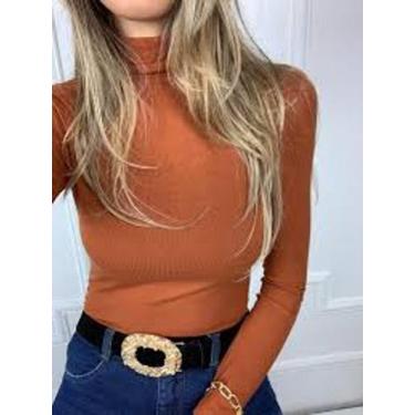 Imagem de Blusa feminina manga longa gola alta básica malha canelada mulher - Fi
