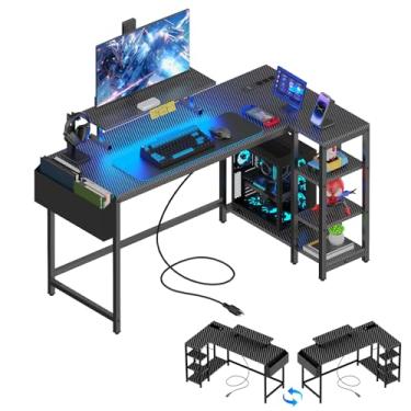 Imagem de Eivanet Mesa de jogos em forma de L com luzes LED e tomada, mesa de computador reversível de 101,6 cm com suporte ajustável para monitor e prateleiras de armazenamento, mesa de escritório doméstico