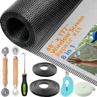 Imagem de Kit de substituição de tela de janela de 122 x 449 cm, kit de reparo de porta de tela, rolo de malha de fibra de vidro com estria, rolo, gancho, cortador e régua, porta de tela deslizante e