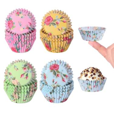 Imagem de SKIDEC Mini forros florais para cupcake, 400 unidades, de papel colorido, embalagens de cupcake descartáveis de grau alimentício