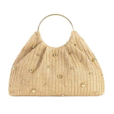 Imagem de Bolsa feminina 2025 chique de palha com alça superior bolsa de verão com contas de palha bolsa de tecido de praia