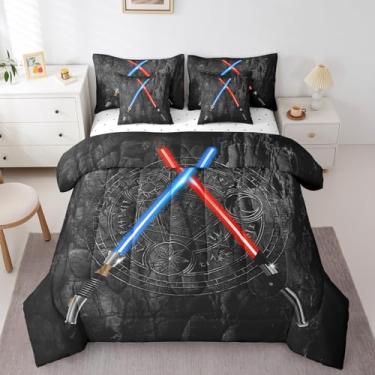 Imagem de Conjunto de edredom Queen com sabre de luz, tamanho 3D, azul neon, vermelho, geométrico, sol, lua, decoração de quarto de crianças, meninos, adolescentes, lençol de cima + lençol de cima + 2 fronhas e