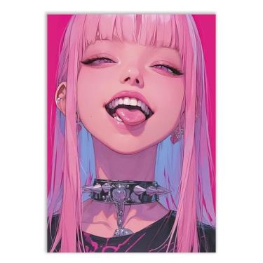 Imagem de Placa Decorativa Anime Garota Cabelo Rosa Arte Gamer Poster Quarto Sala
