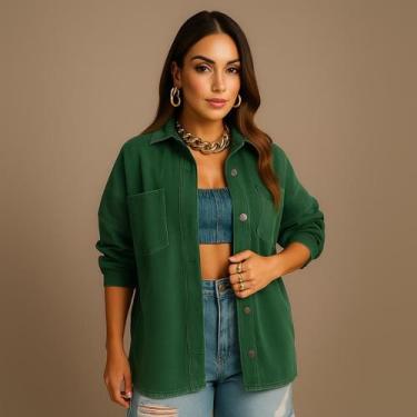 Imagem de Jaqueta Jeans Feminina Max Longa Inverno Camisão Camisa Plus Size Over